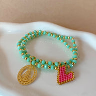 Virgin of the Valley Heart Miyuki Aquamarine Elastic Bracelet