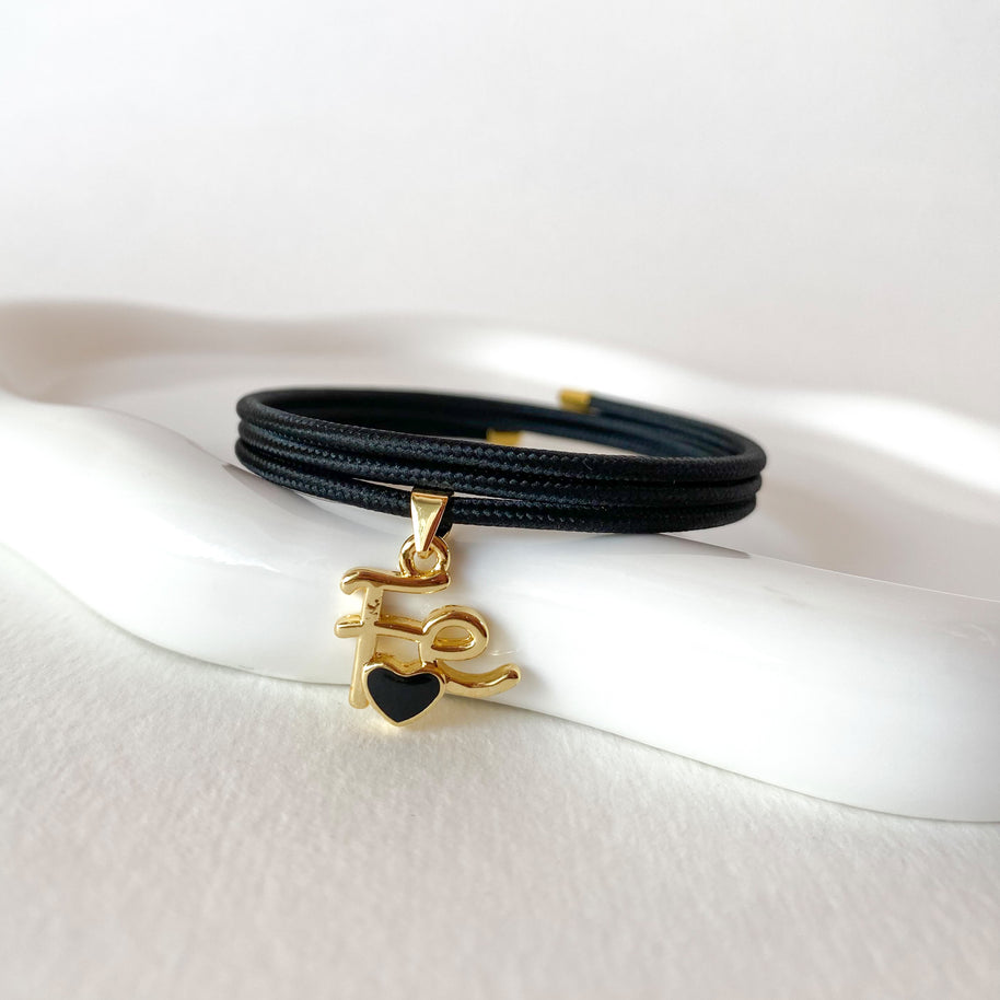 Adjustable Black Magnetic Cord Faith and Black Heart Crystal Bracelet/Necklace