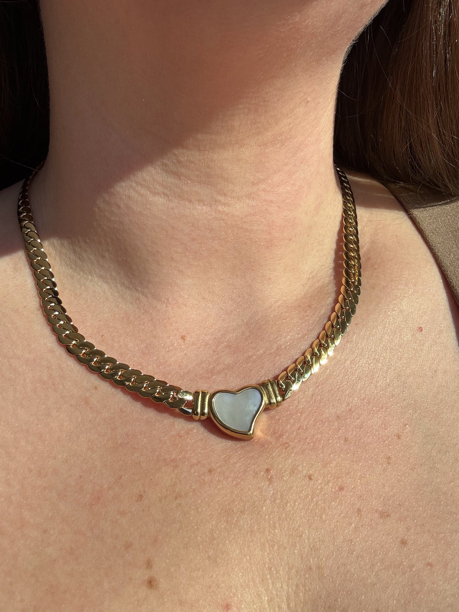 Golden Thick Mother Of Pearl Heart Necklace