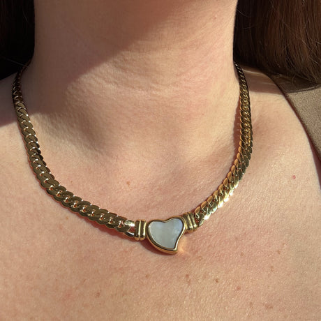 Golden Thick Mother Of Pearl Heart Necklace