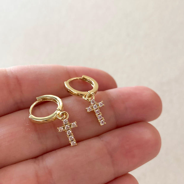 Little Cross Zircon Golden Hoops