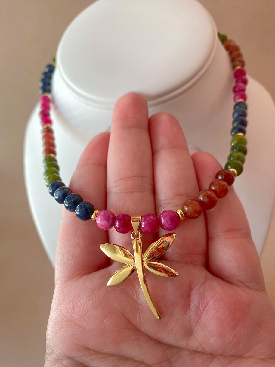 Multicolor Gems Beads Golden Dragonfly Necklace