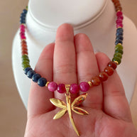 Multicolor Gems Beads Golden Dragonfly Necklace
