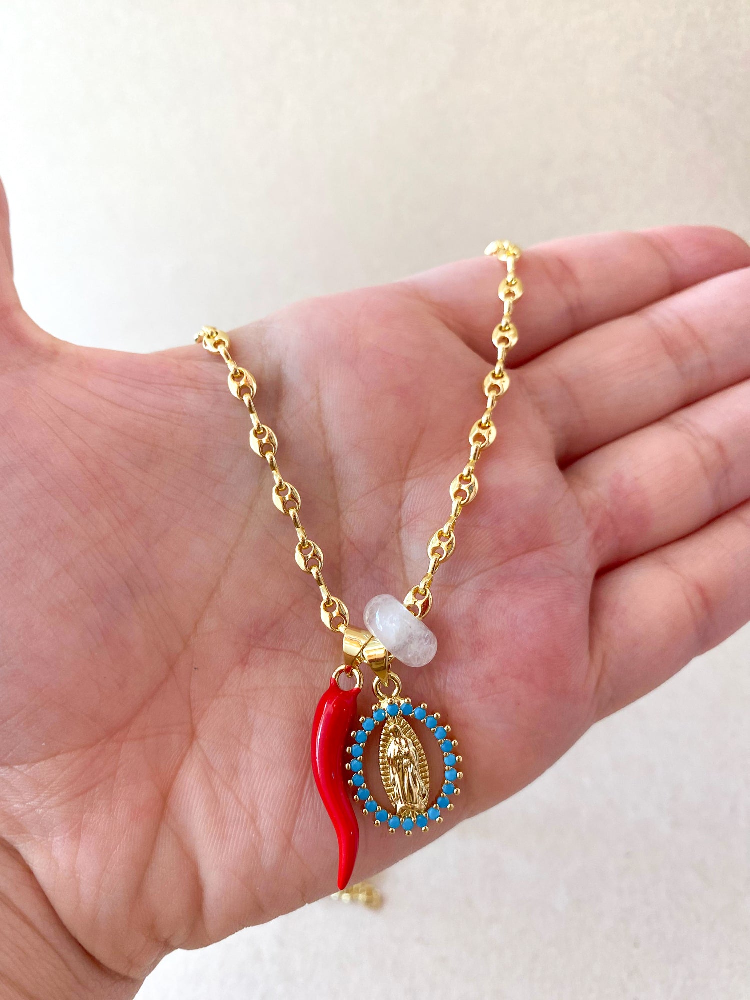 Guadalupe Virgin, Red Horn & Clear Turkish Stone Little Coffee Grain Necklace