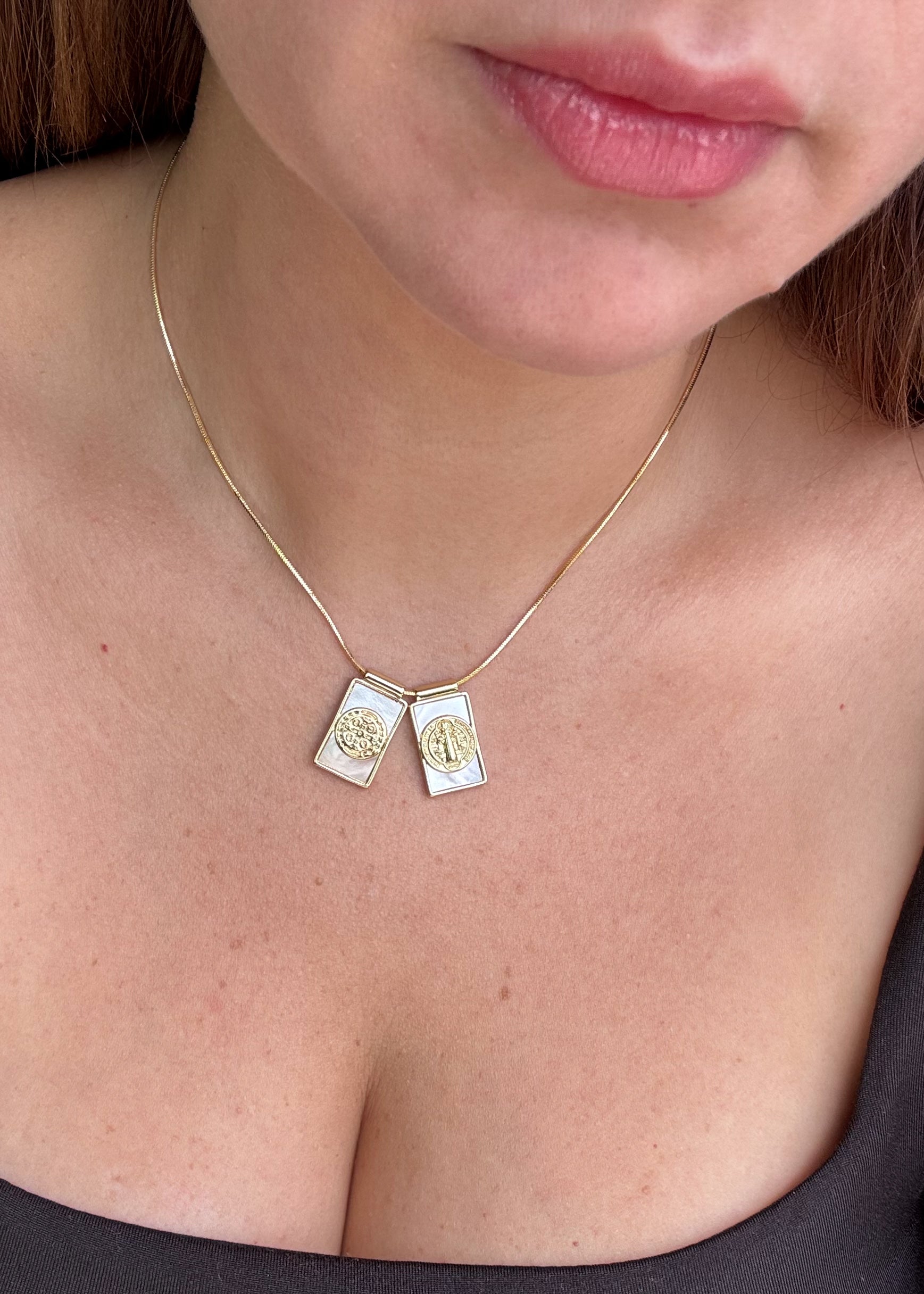 St Benedict Medal Scapular Mother of Pearl Adjustable Necklace