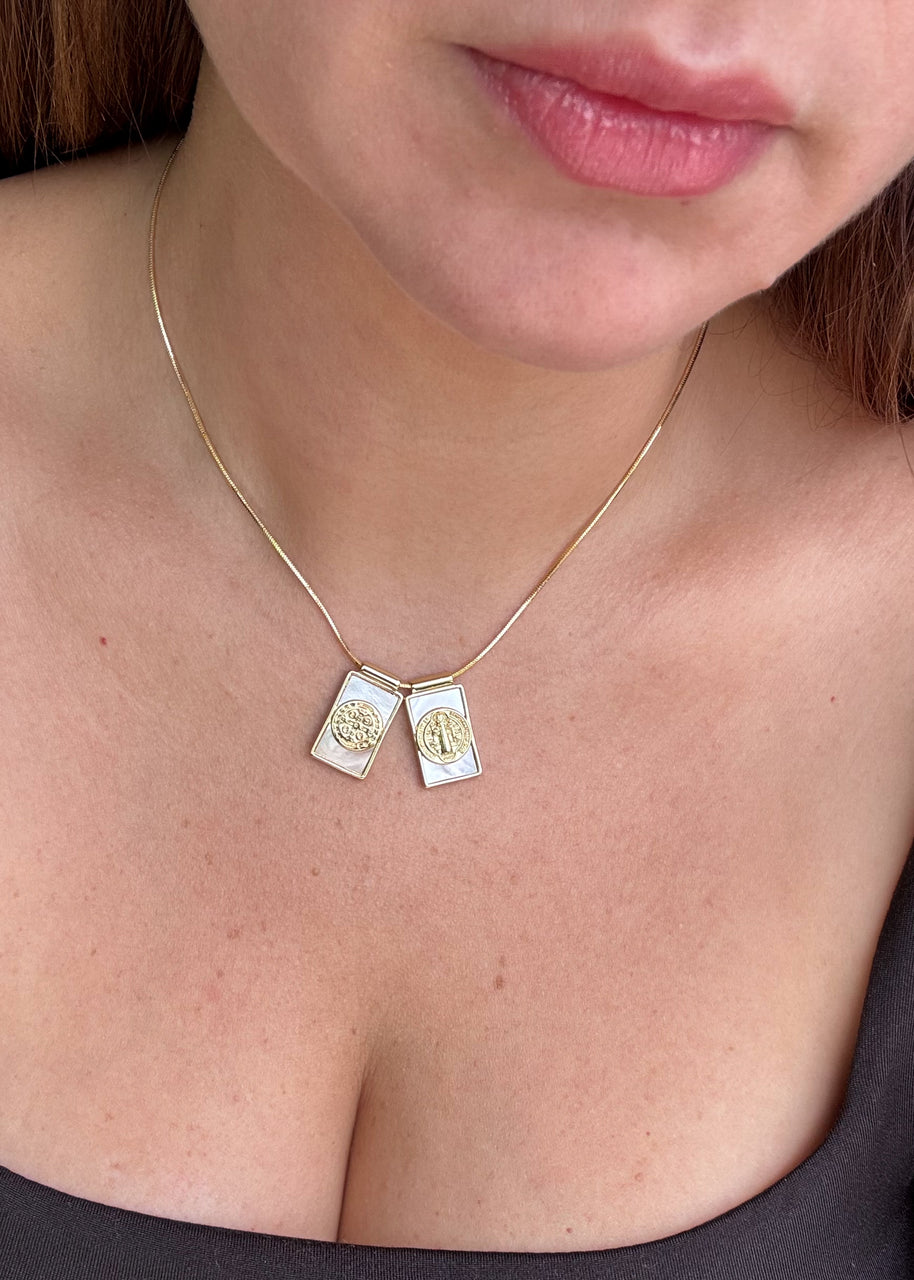 St Benedict Medal Scapular Mother of Pearl Adjustable Necklace