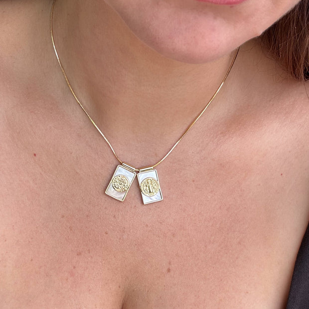 St Benedict Medal Scapular Mother of Pearl Adjustable Necklace