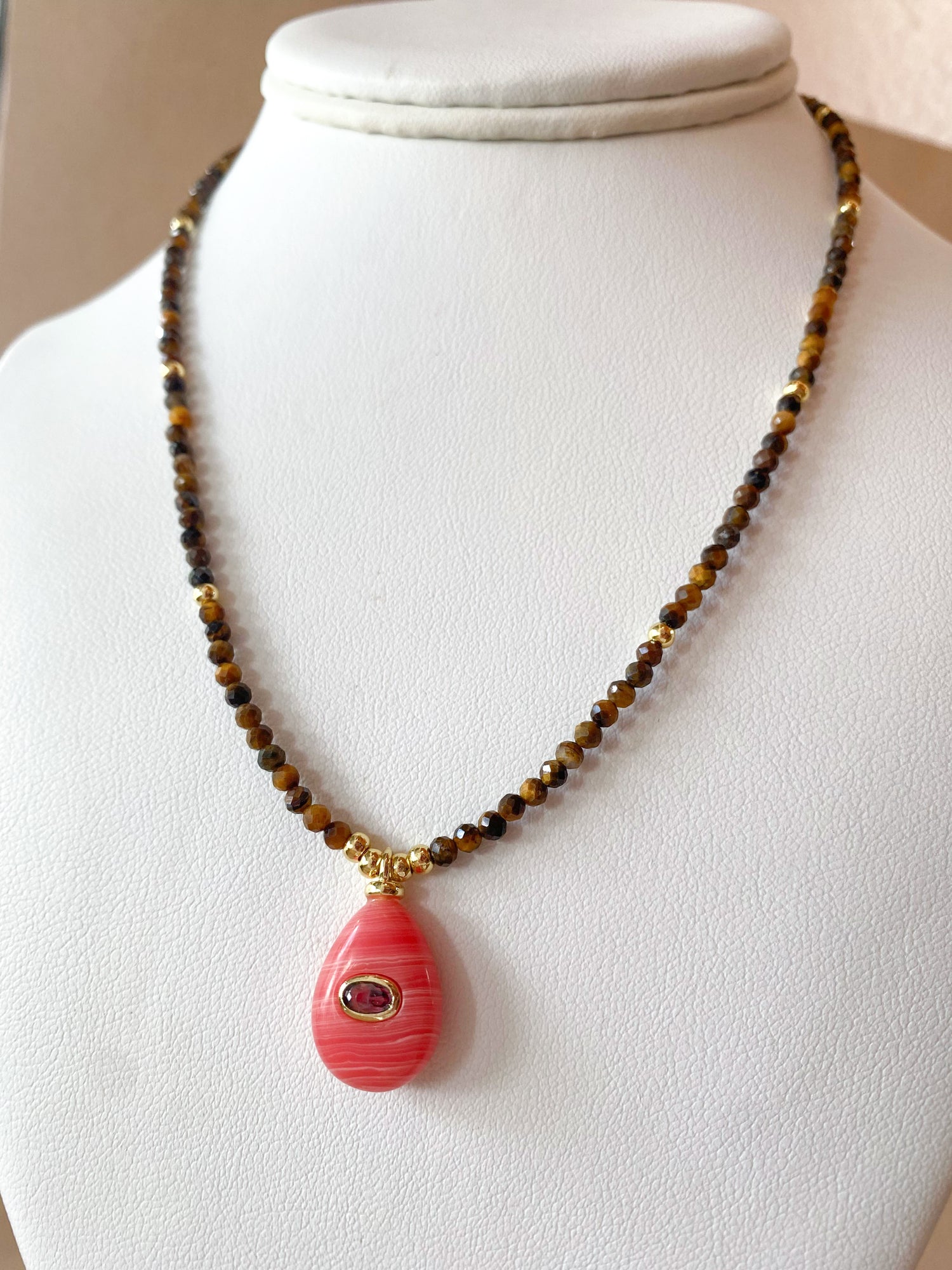 Pink Quartz Style Circular Charms in Tiger Eye Necklace