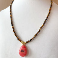 Pink Quartz Style Circular Charms in Tiger Eye Necklace