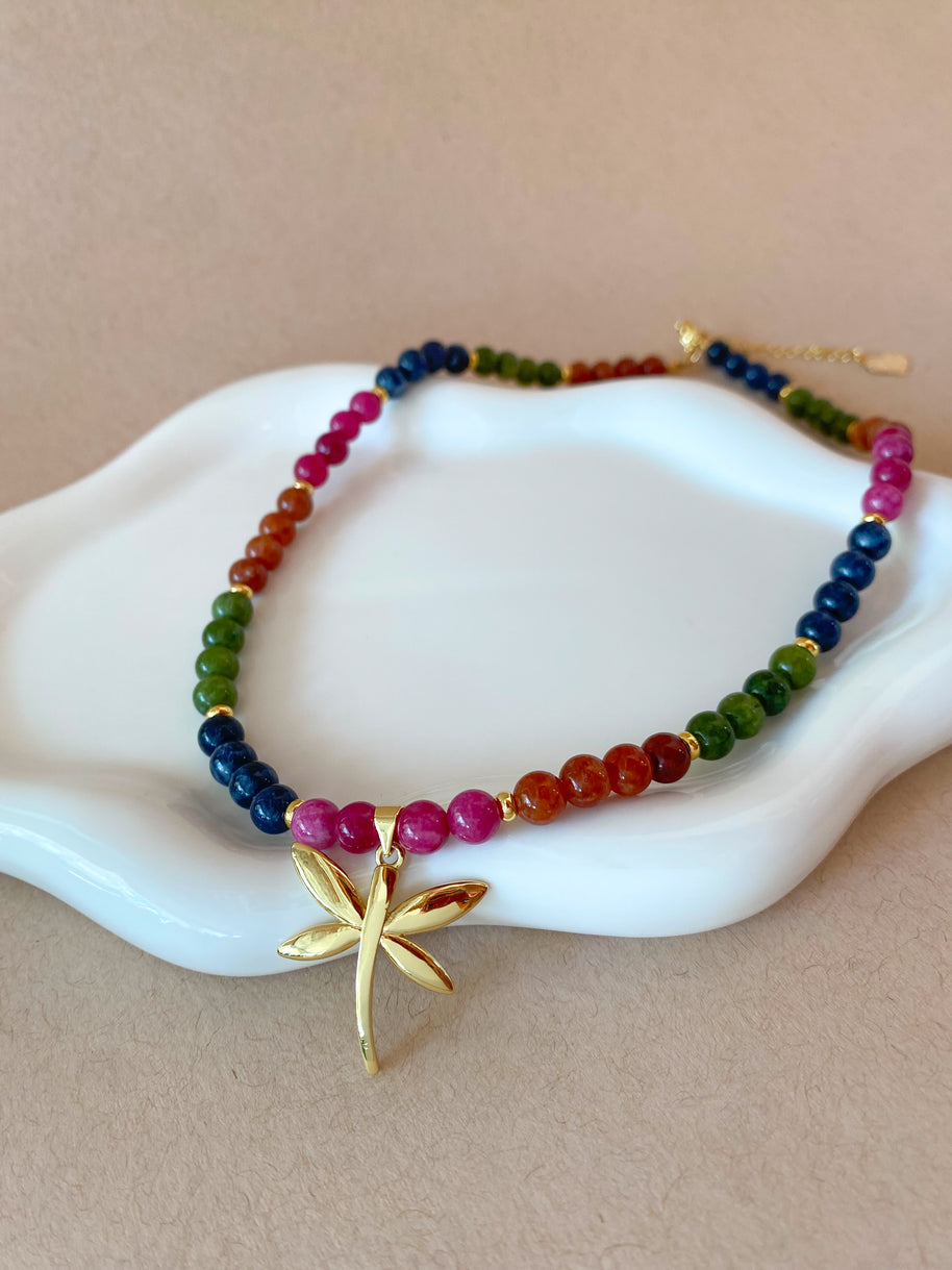Multicolor Gems Beads Golden Dragonfly Necklace