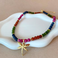 Multicolor Gems Beads Golden Dragonfly Necklace
