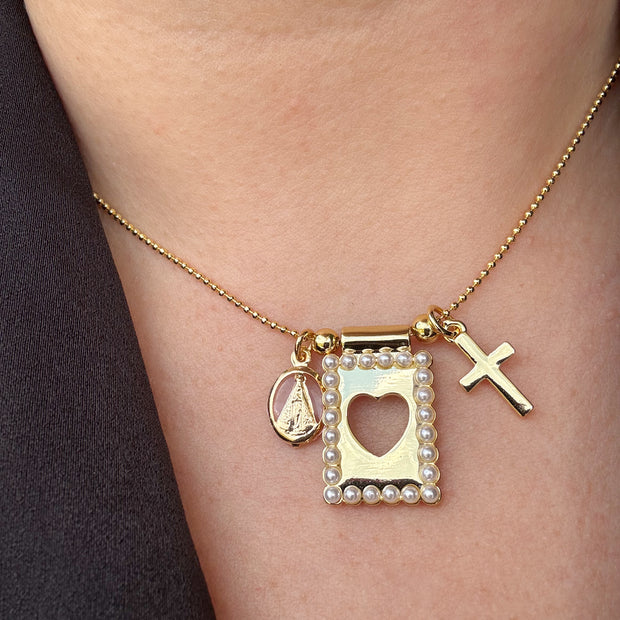 Heart Scapular Virgin + Cross Necklace