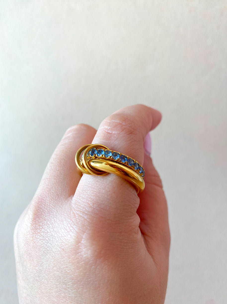 Double Golden and Blue Crystals Steel Ring