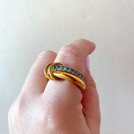 Double Golden and Blue Crystals Steel Ring