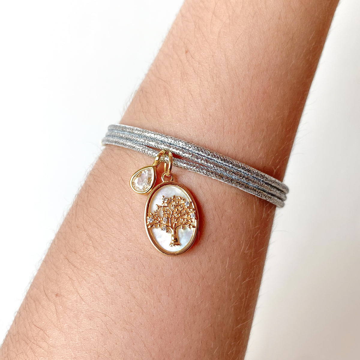 Adjustable Shiny Silver Magnetic Cord Tree of Life and Clear Drop Crystal Bracelet/Necklace