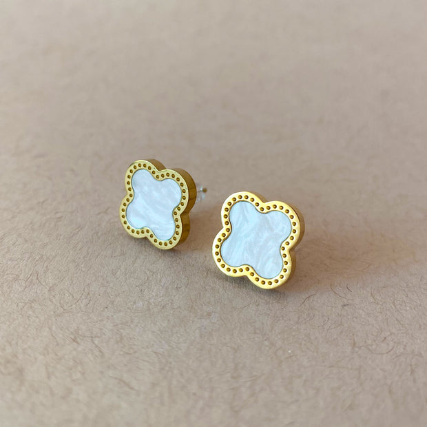 Mother of Pearl White Clover Steel Earrings