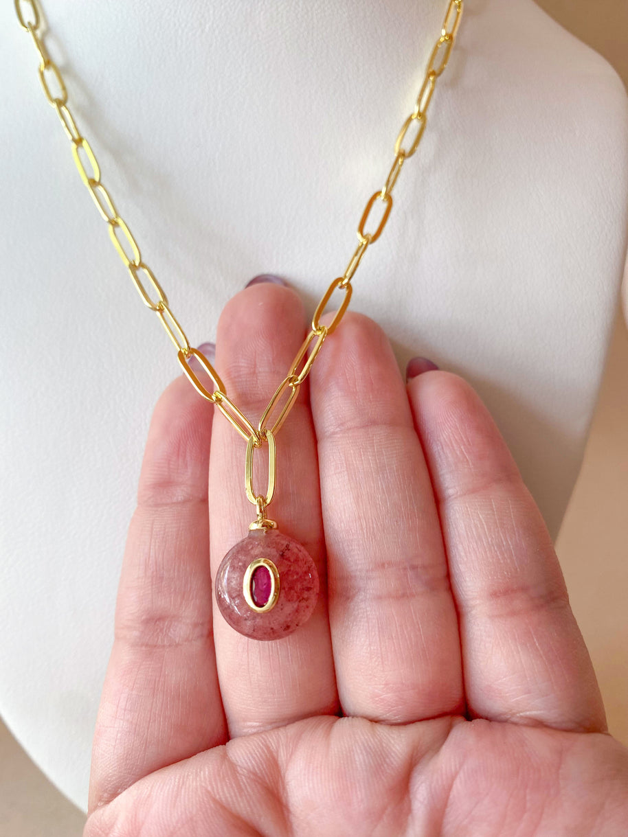 Pink and Yellow Quartz Stones Papers Clip Style Necklace