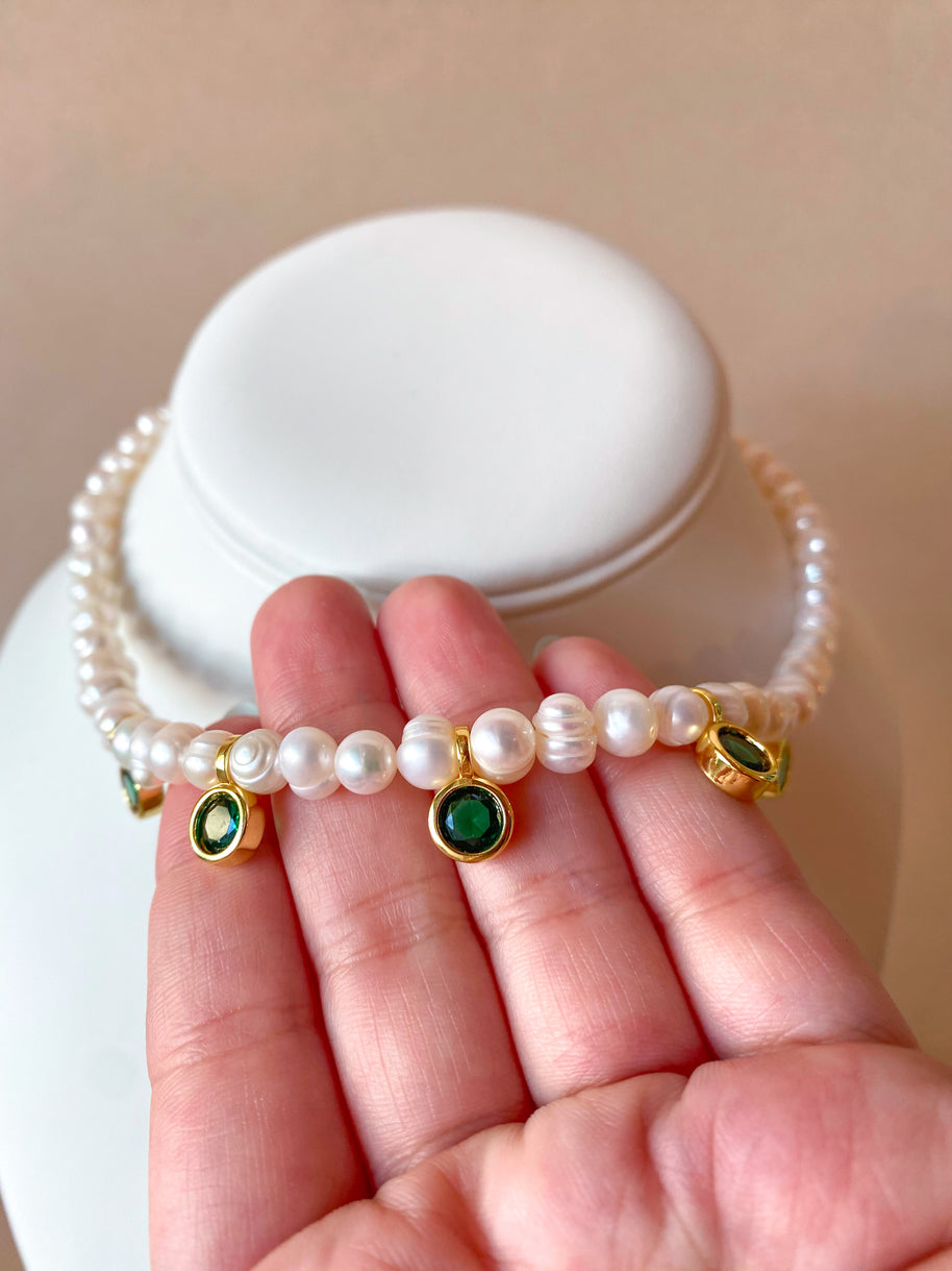 Pearls and Green Crystal Necklace