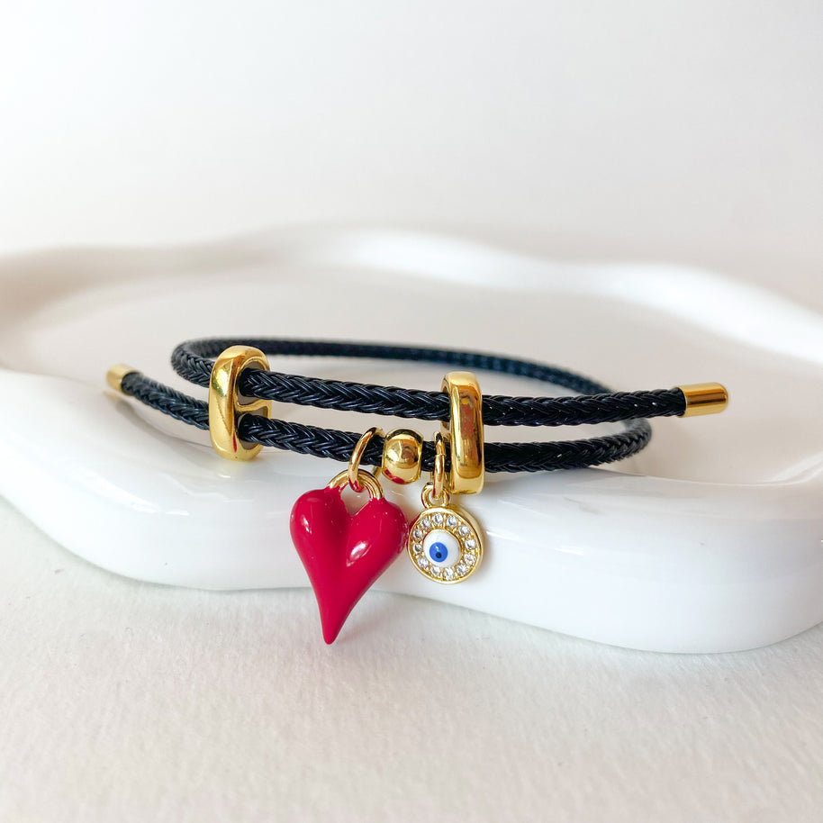 Red Bombom Mini Heart and Evil Eye Adjustable Black Cord Bracelet