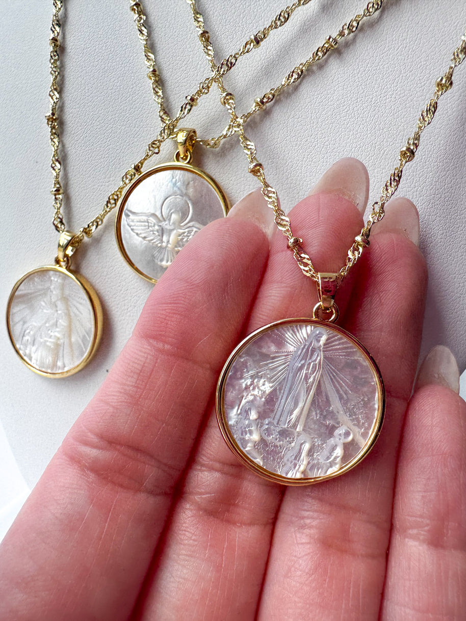 Sacred Mother of Pearl Assorted Medals Necklace
