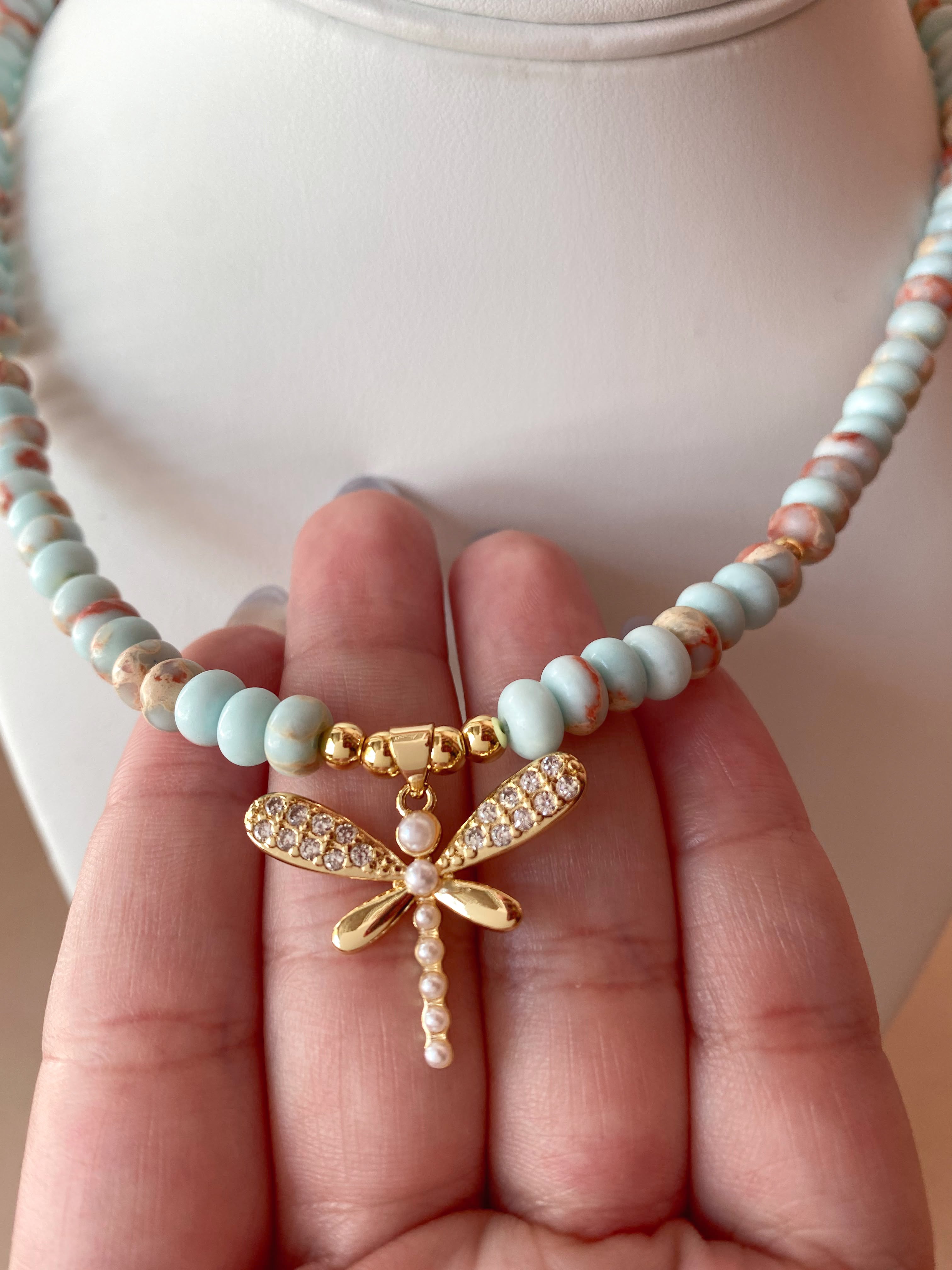 Dragonfly in Light Blue Beads Necklace
