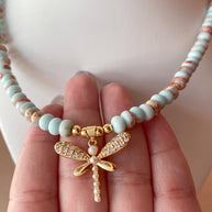 Dragonfly in Light Blue Beads Necklace
