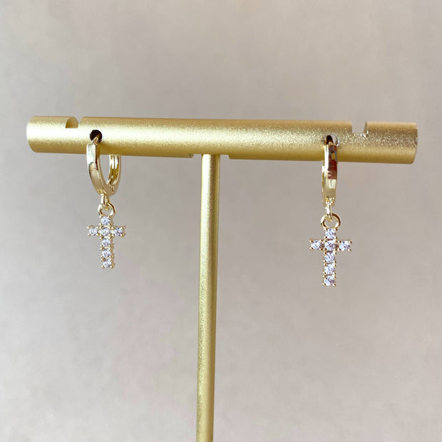 Little Cross Zircon Golden Hoops