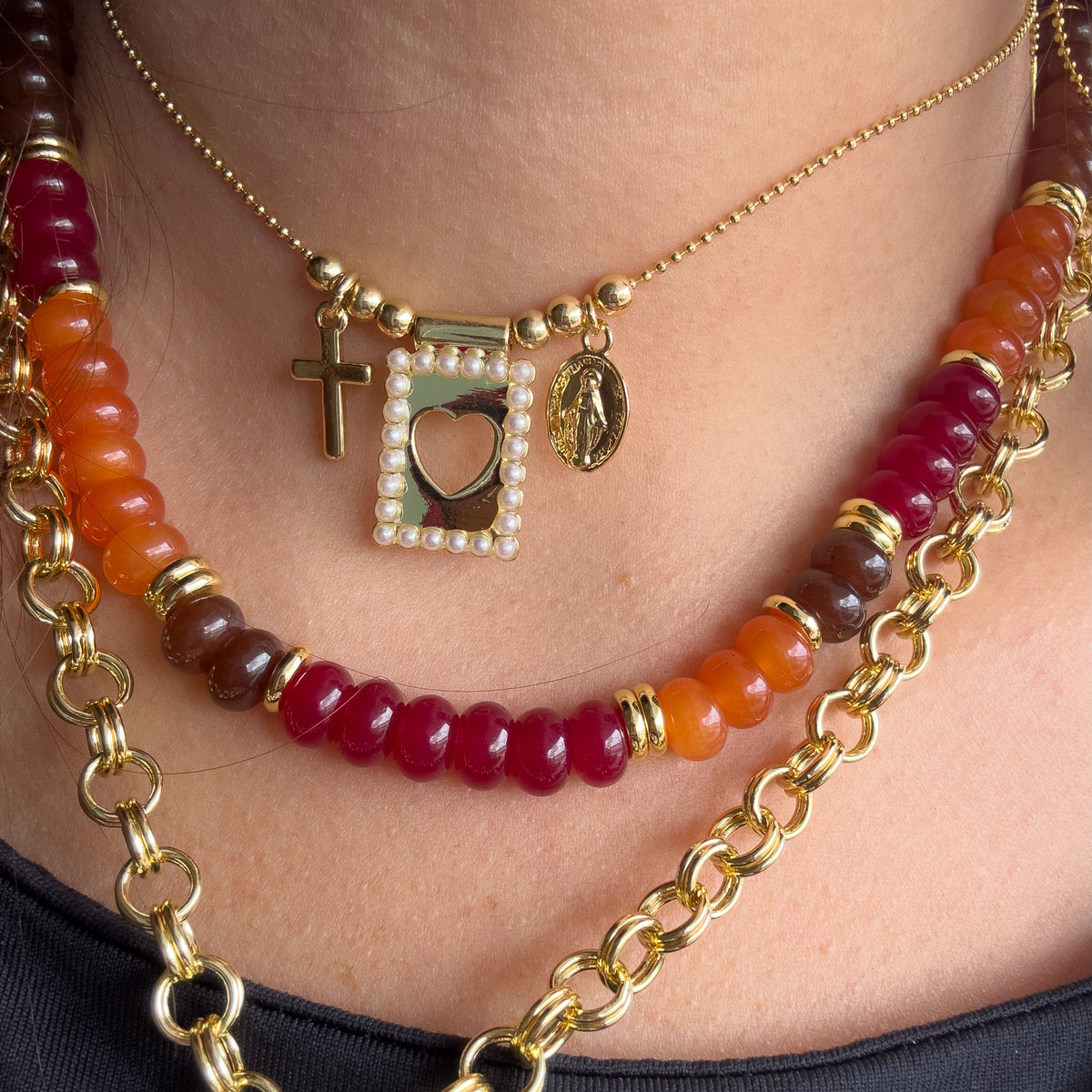 Multicolor Red Morganite Beads Necklace or Golden St Benedict Thick Necklace