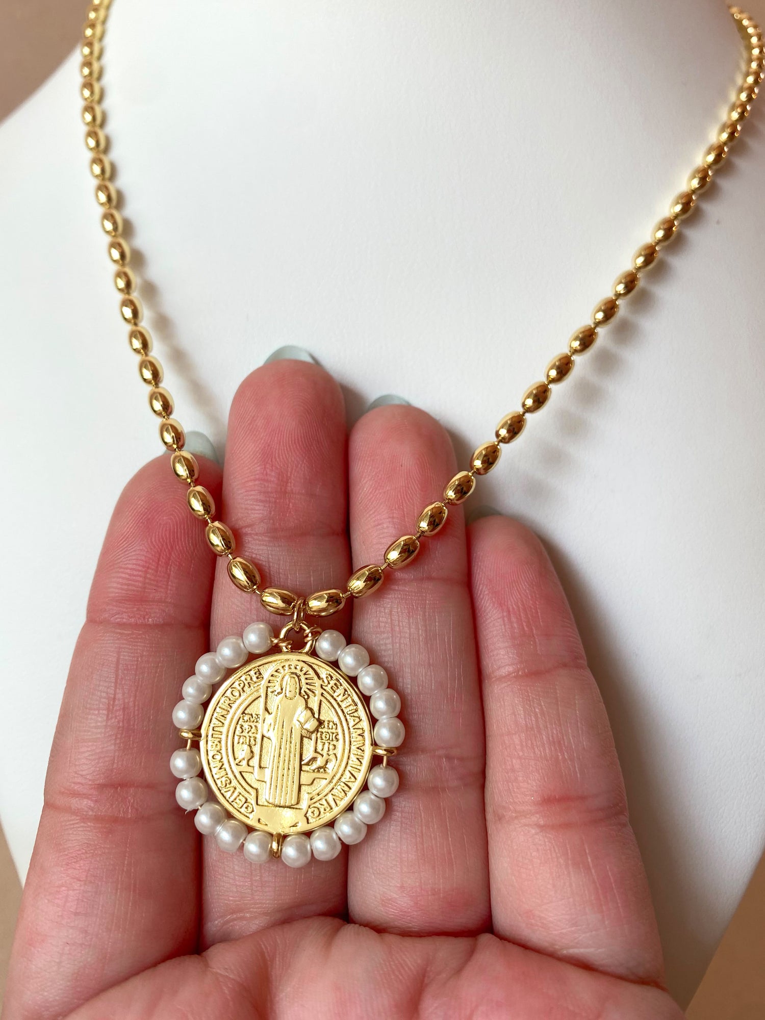 St Benedict Golden and Pearl Medal Necklace