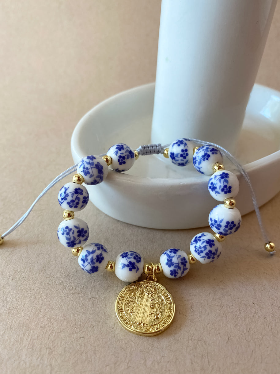 St. Benedict Blue & White Adjustable Bracelet