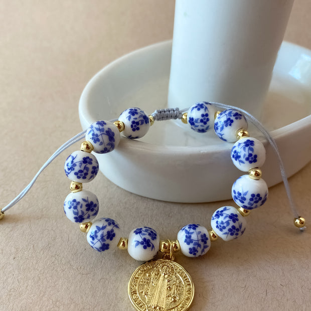 St. Benedict Blue & White Adjustable Bracelet