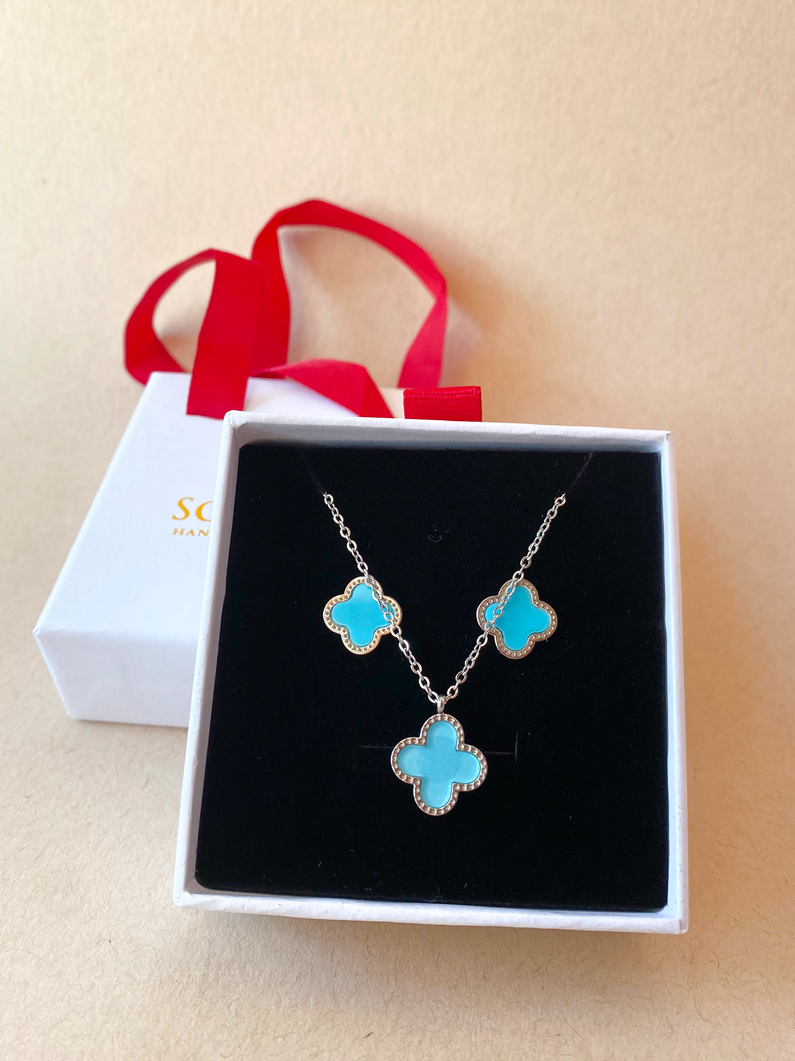 Silver Steel Blue Clover Necklace, Earrings or Set of Necklace and Earrings