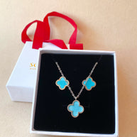 Silver Steel Blue Clover Necklace, Earrings or Set of Necklace and Earrings