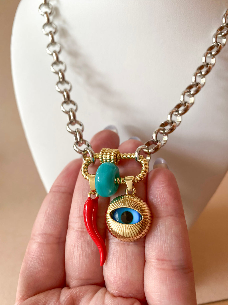 Silver and Gold Links Style Evil Eye, Horn and Turkish Stone Necklace