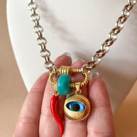 Silver and Gold Links Style Evil Eye, Horn and Turkish Stone Necklace