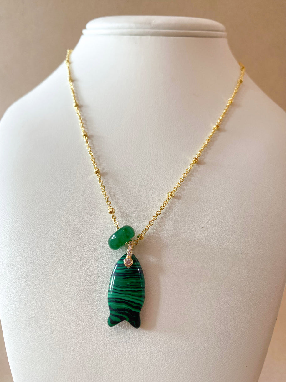 Green Malachite Stone Fish Charm and Turkish Necklace
