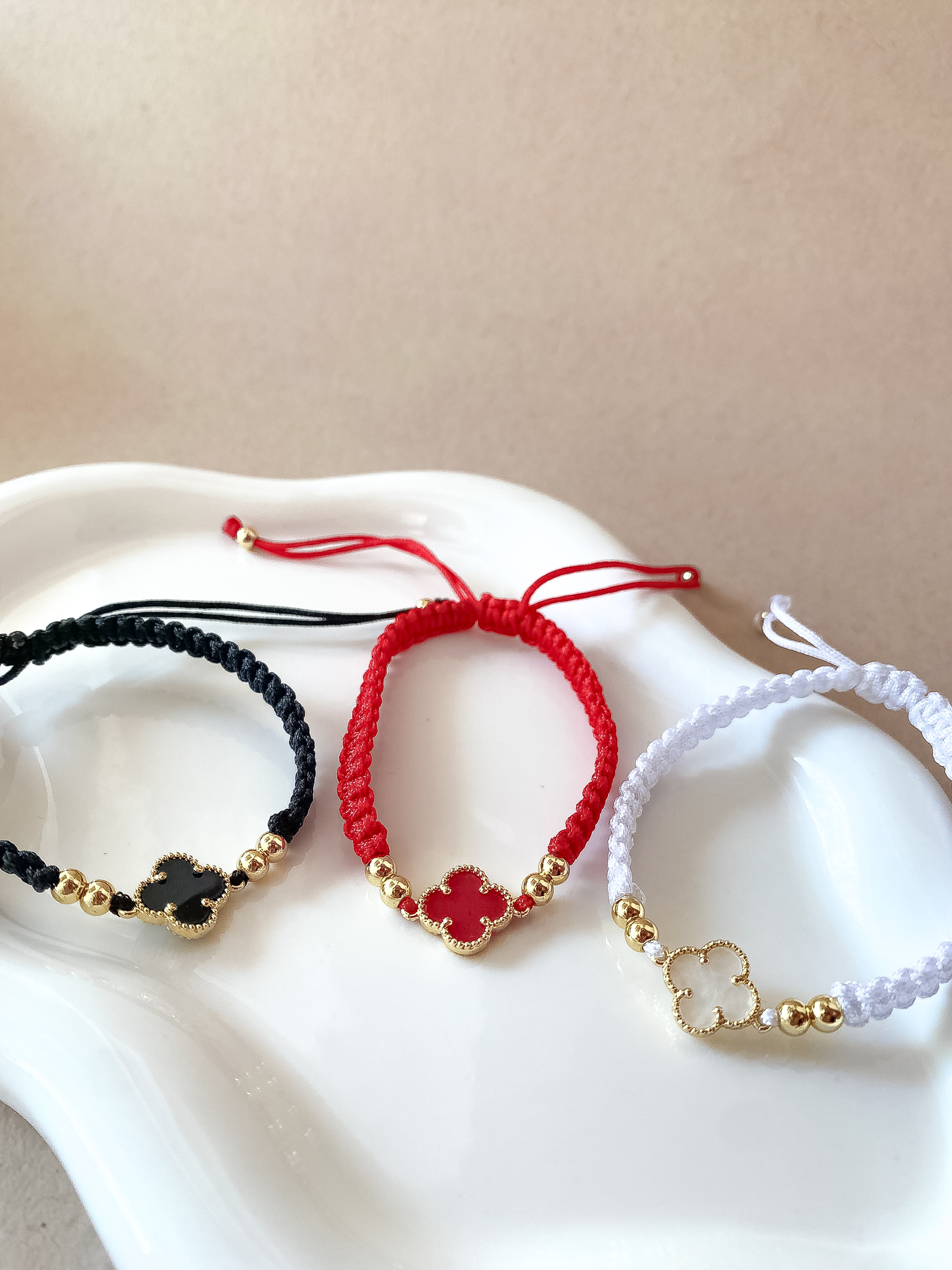 White, Red and Black Clovers Thread Adjustable Bracelets