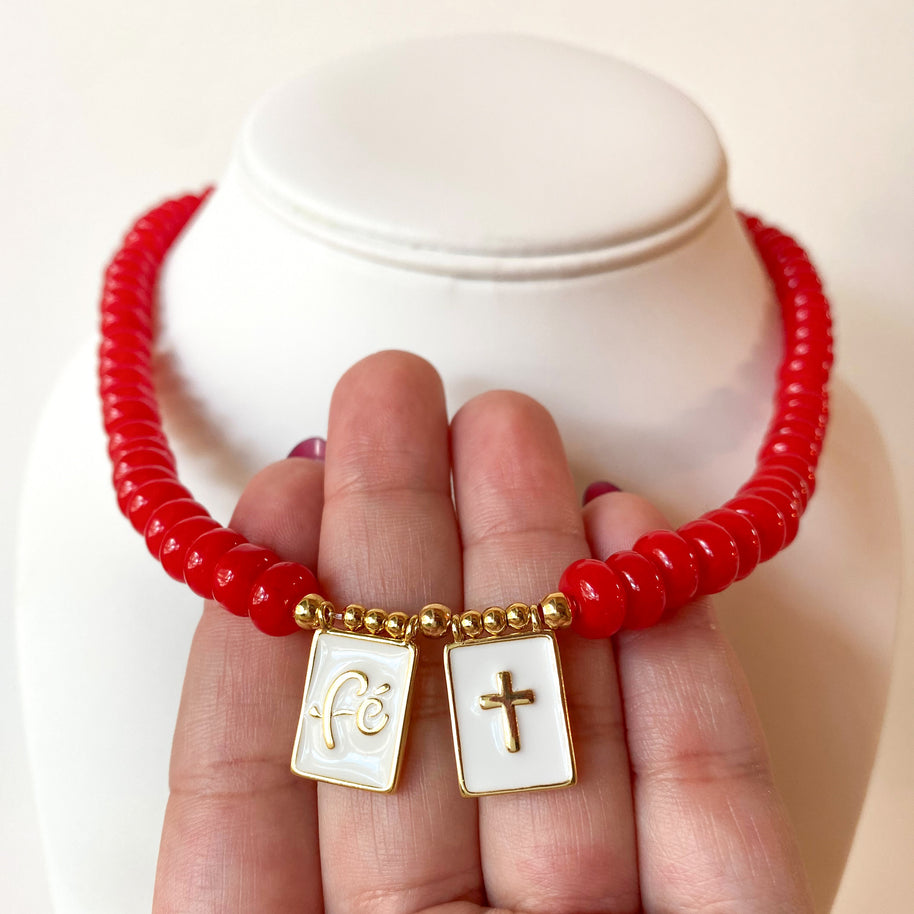 Red Morganite Faith and Cross Scapular Necklace