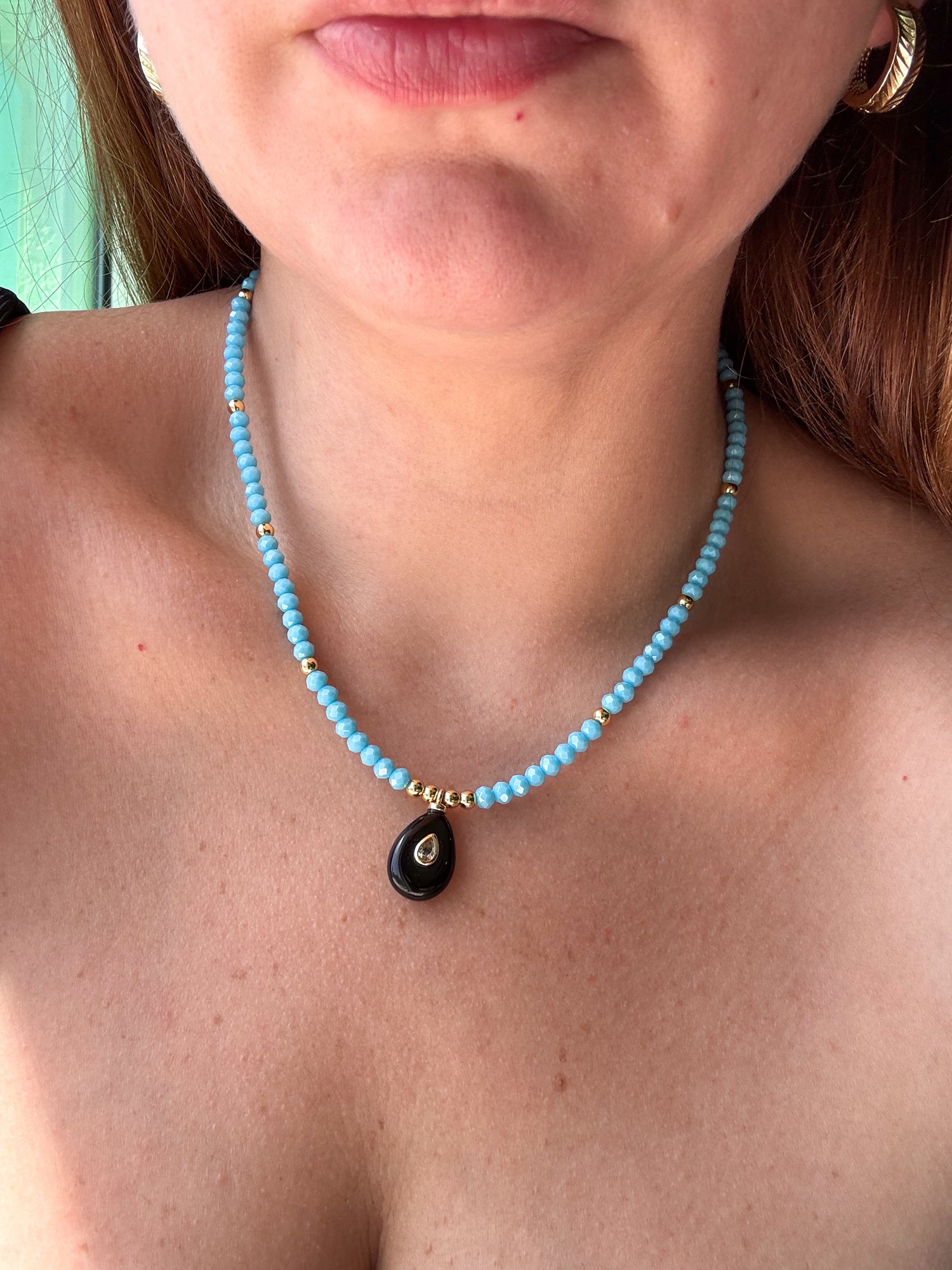 Black Onyx Oval Blue Beads Necklace