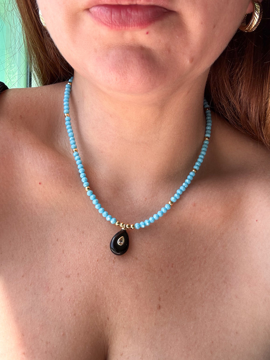 Black Onyx Oval Blue Beads Necklace