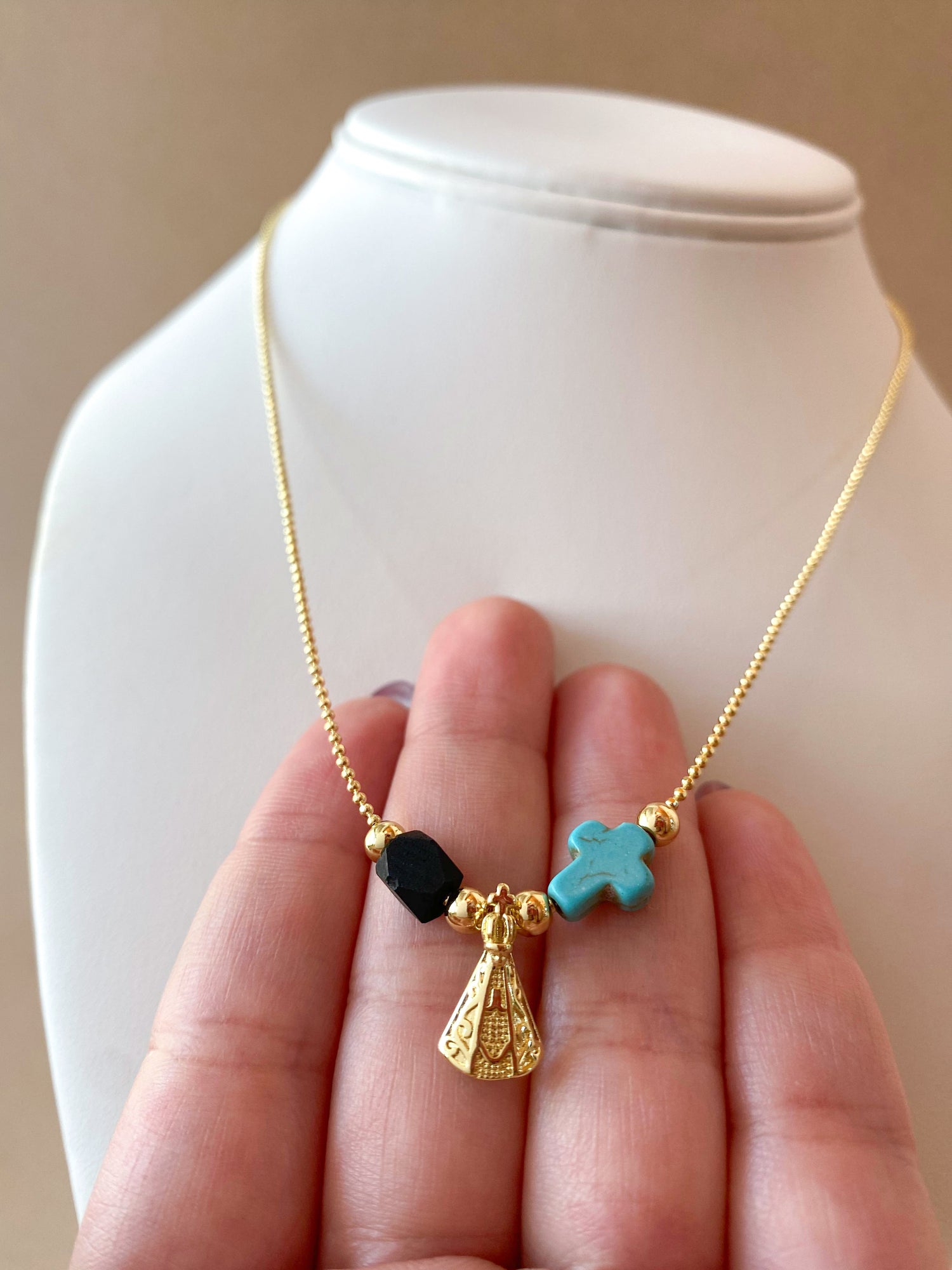 Green Cross, Azabache and Virgin of the Valley Necklace