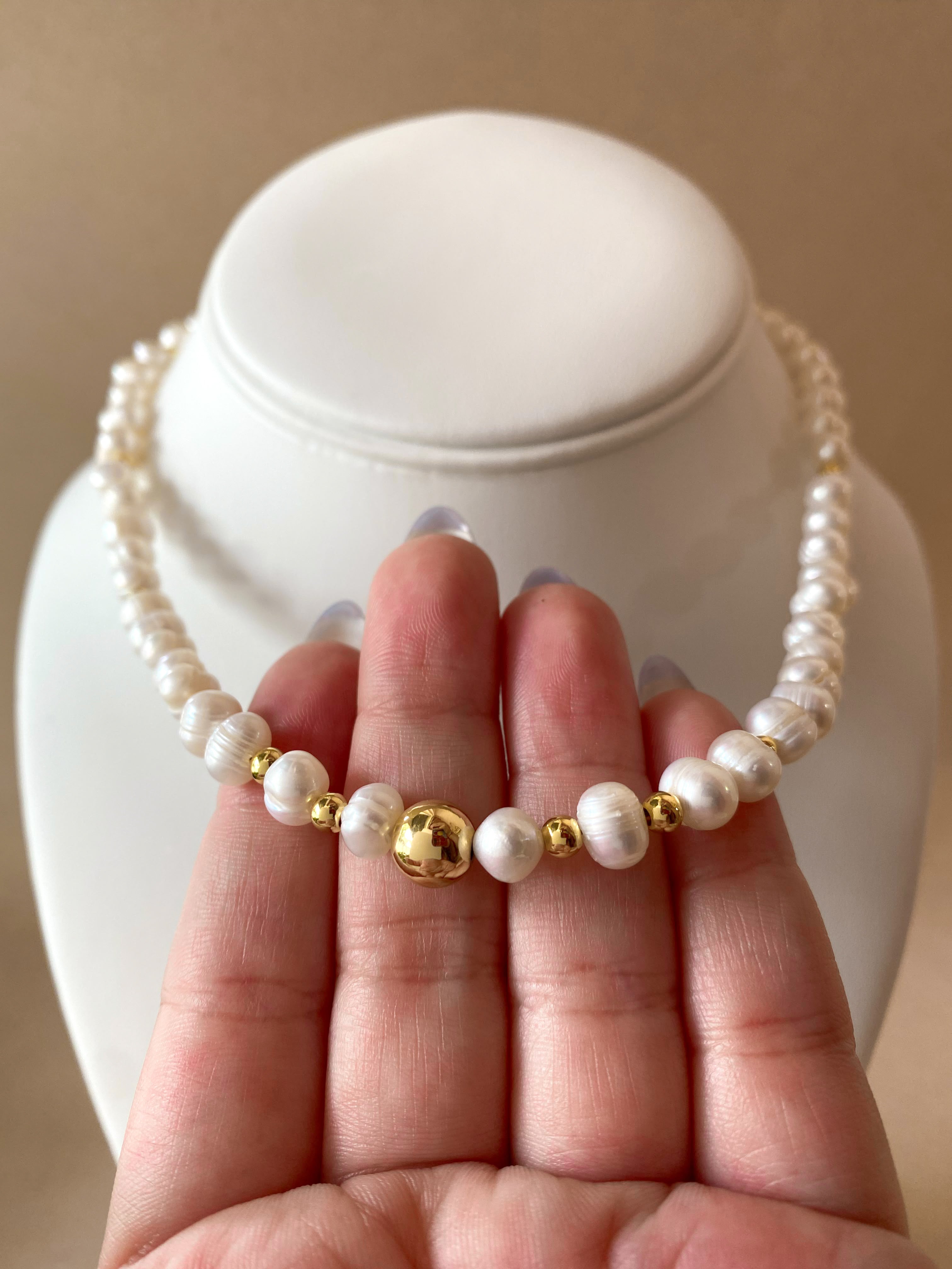 Medium Real Pearls and Golden Ball Necklace