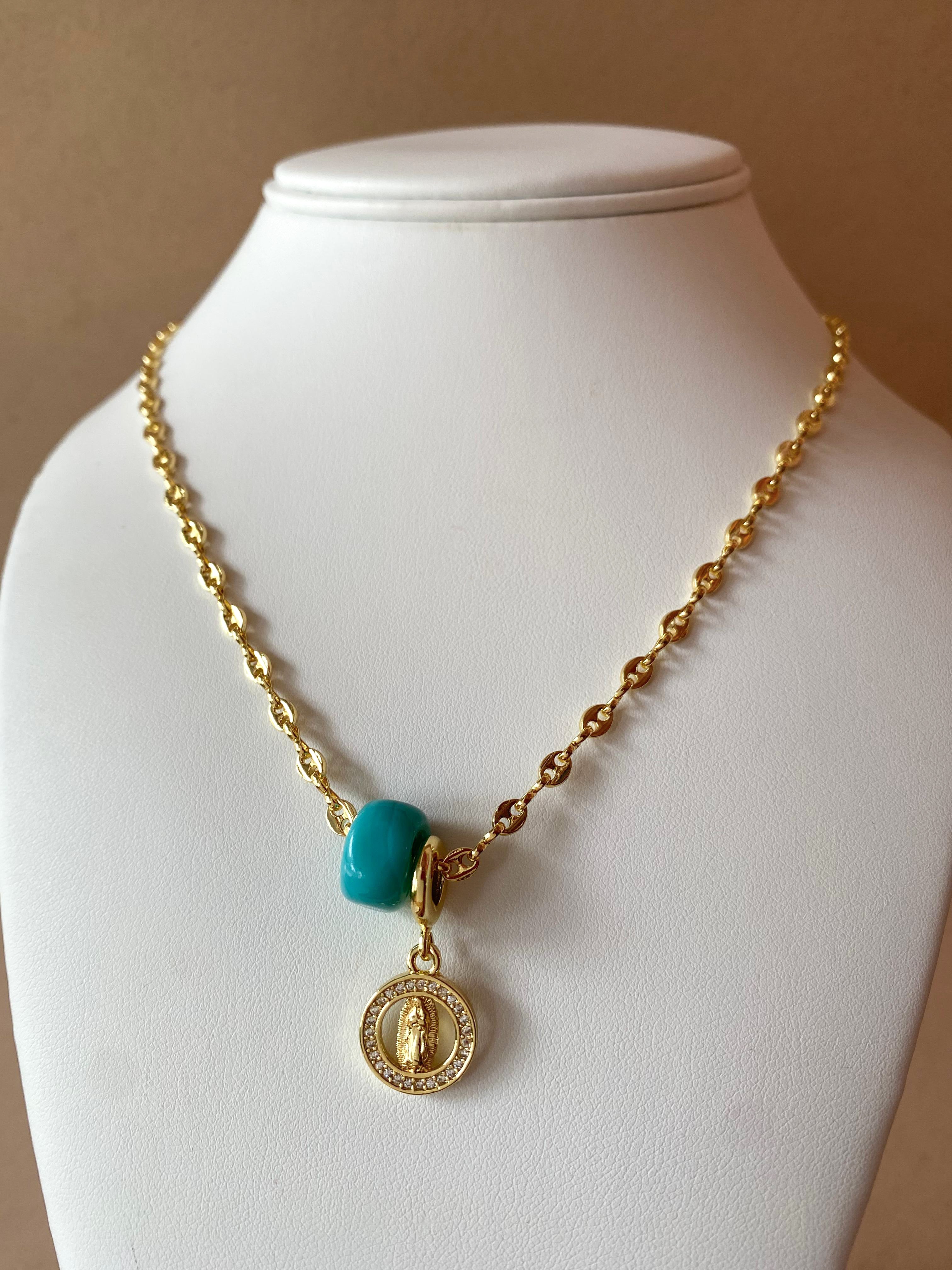 Blue Turkish and Guadalupe Virgin in Coffee Grain Necklace