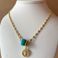 Blue Turkish and Guadalupe Virgin in Coffee Grain Necklace
