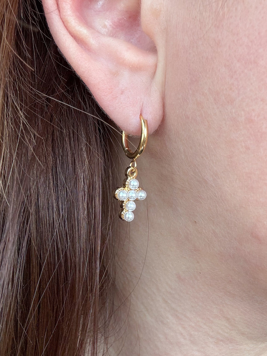Golden Steel Cross Pearls Hoops