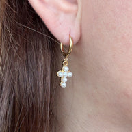 Golden Steel Cross Pearls Hoops