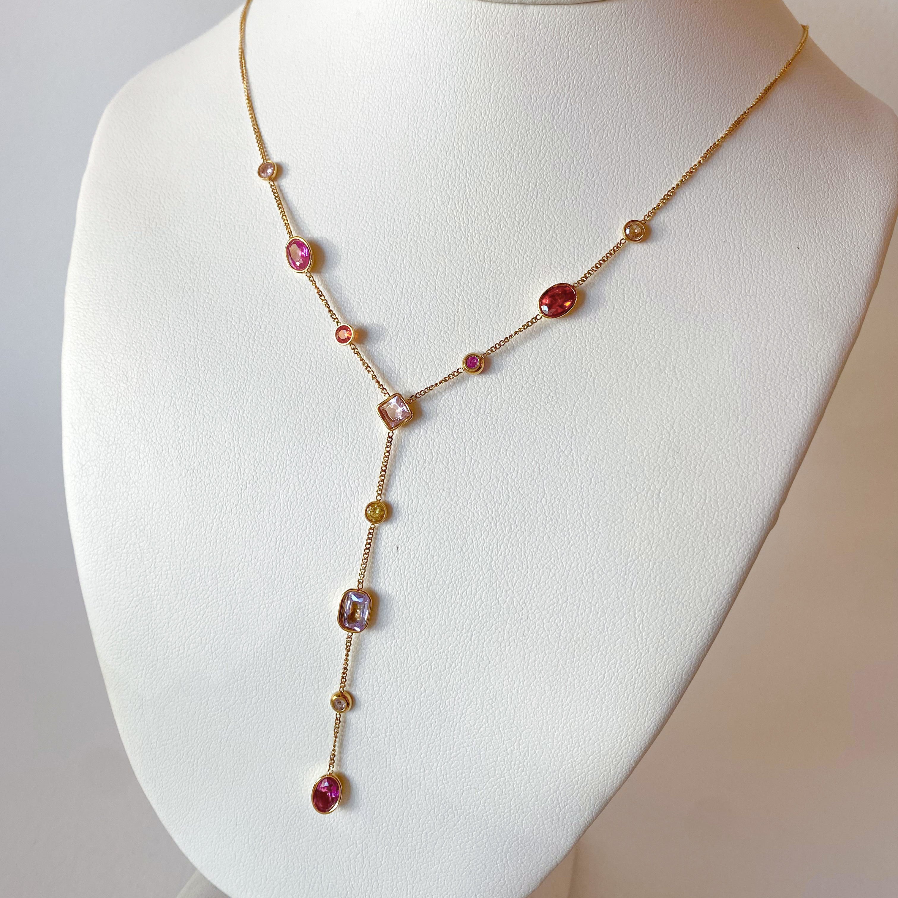 Multi-Gemstone Y Style Steel Necklace