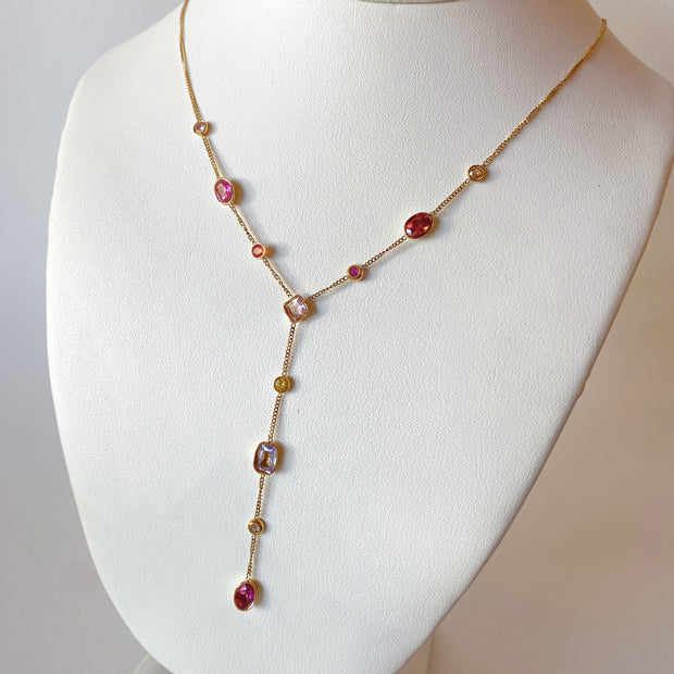 Multi-Gemstone Y Style Steel Necklace