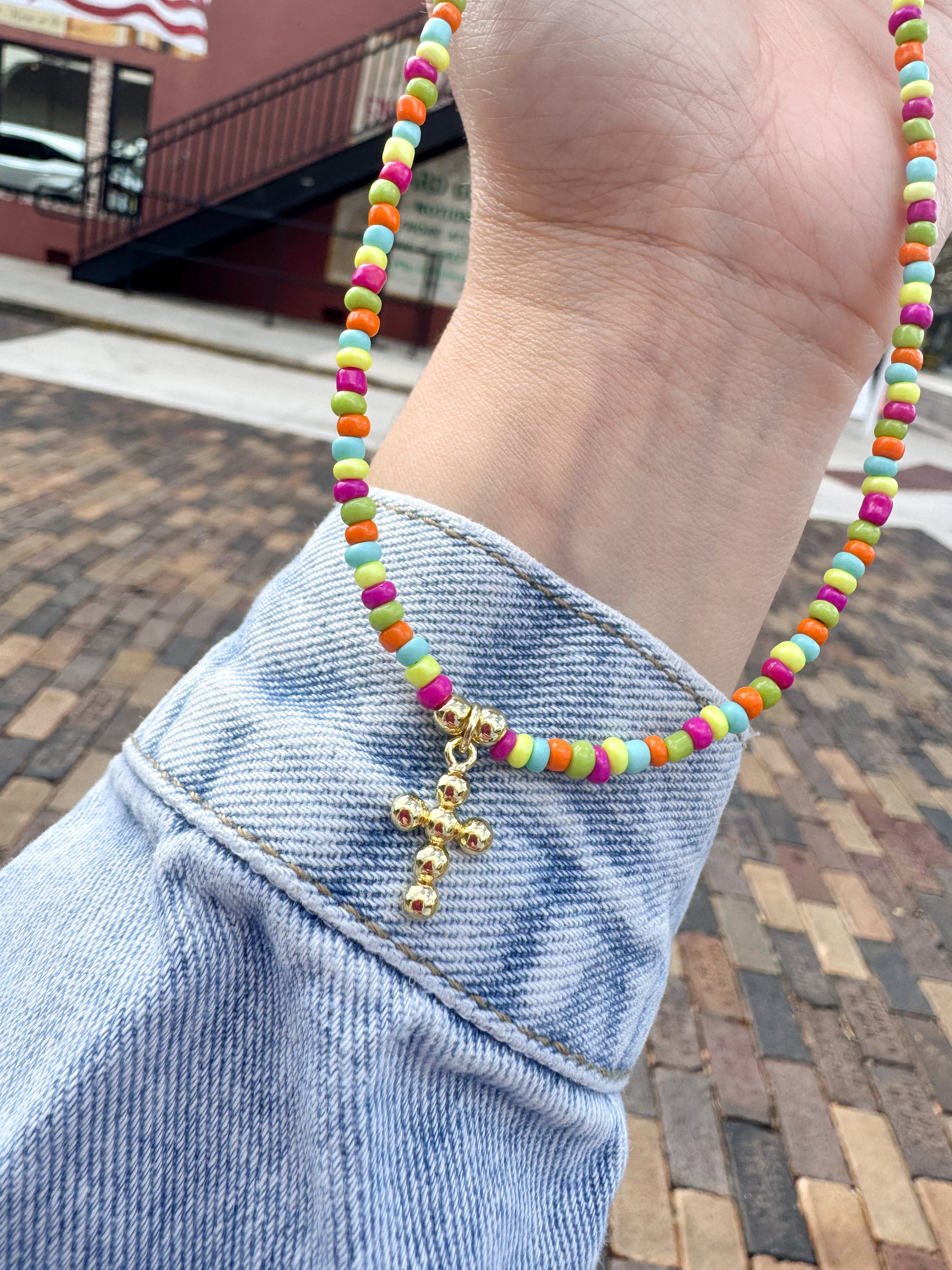 Multicolor Beads Heart & Cross Necklace