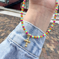 Multicolor Beads Heart & Cross Necklace